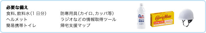 必要な備え 食料、飲料水（1日分）、防寒用具（カイロ、カッパ等）、ヘルメット、ラジオなどの情報取得ツール、簡易携帯トイレ、帰宅支援マップ